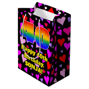 40. Geburtstag: Loving Hearts Pattern, Regenbogen  Mittlere Geschenktüte