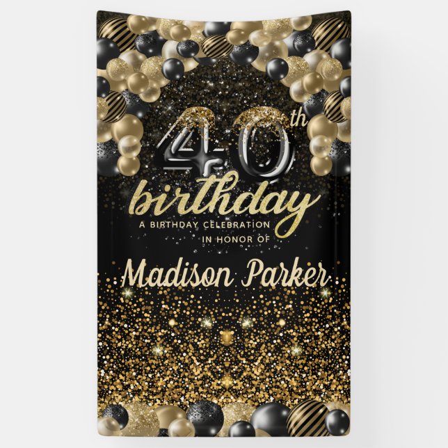 40. Geburtstag Luxus Personalisiert Black Gold Banner (Vertikal)