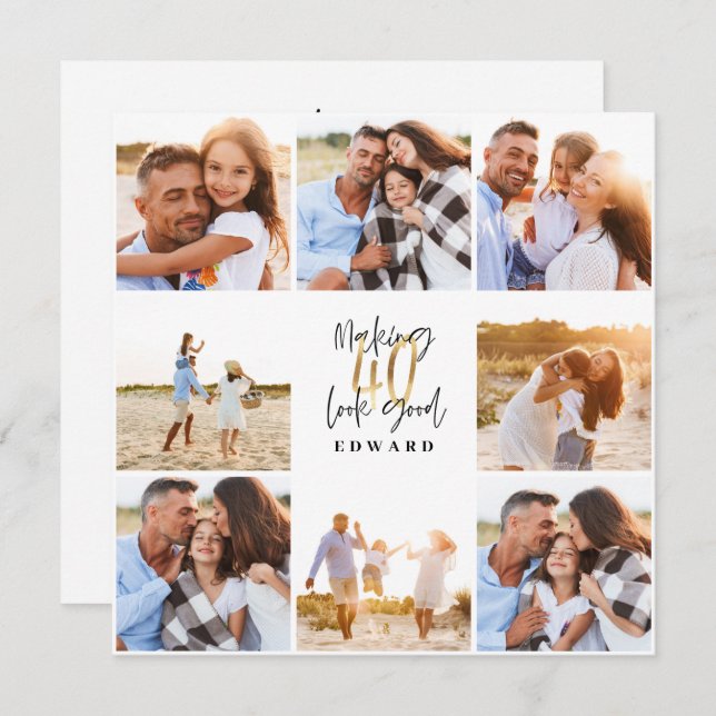 40. Geburtstag moderne Schwarz-Gold-Foto-Collage (Vorne/Hinten)