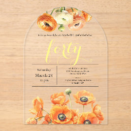 40. Geburtstag Moderner Garten Orange Weiße Blume Acryleinladungen