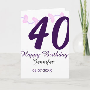 40. Geburtstag Name Datum Jahr lila floral Pin Karte