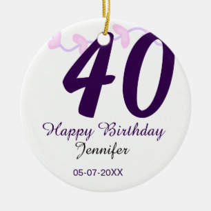 40. Geburtstag Name Datum Jahr lila floral Pin Keramik Ornament