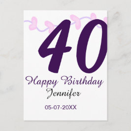 40. Geburtstag Name Datum Jahr lila floral Pin Postkarte