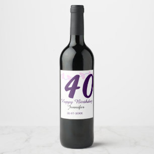 40. Geburtstag Name Datum Jahr lila floral Pin Weinetikett