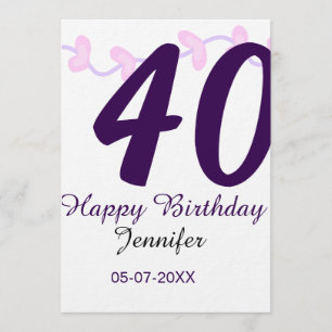 40. Geburtstag Name Datum Jahr lila floral Steckna Einladung
