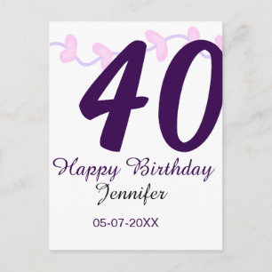 40. Geburtstag Name Datum Jahr lila floral Steckna Postkarte
