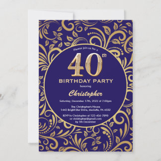 40. Geburtstag Navy Blau und Gold Floral Muster Einladung