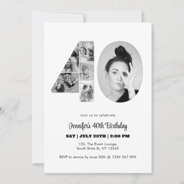 40. Geburtstag Nummer 40 FotoCollage Schwarz-weiß Einladung (Vorderseite)