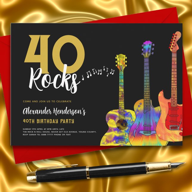 40. Geburtstag Party 40 Rocks Gitarre Einladung (Rock and roll guitar black and gold 40th birthday party invitation guitarist musician music lover)