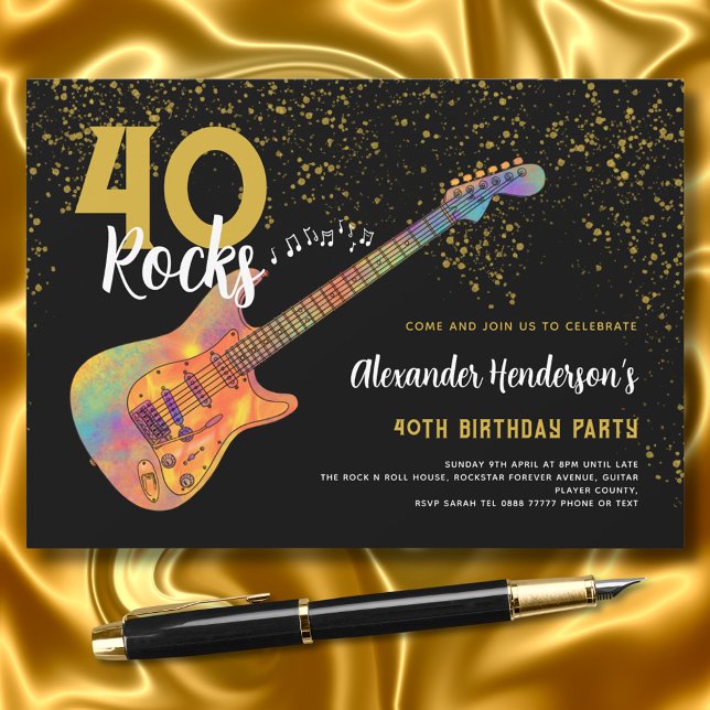 40. Geburtstag Party 40 Rocks Gold Glitzer Einladung (40 rocks black and gold glitter 40th birthday party invitation with colorful electric guitar)