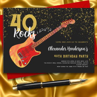 40. Geburtstag Party 40 Rocks Guitar Gold Glitzer Einladung