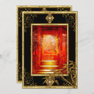 40. Geburtstag Party Asian View Gold Bamboo Red 3 Einladung