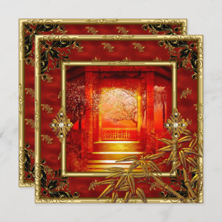 40. Geburtstag Party Asian View Gold Bamboo Red Einladung