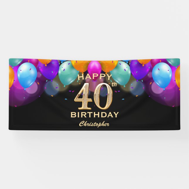 40. Geburtstag Party Black and Gold Balloons Banner (Horizontal)