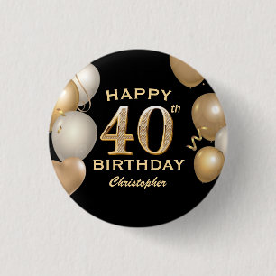 40. Geburtstag Party Black and Gold Balloons Button