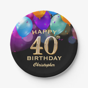 40. Geburtstag Party Black and Gold Balloons Pappteller