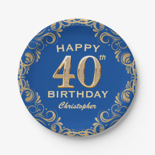40. Geburtstag Party Blau und Gold Glitzer Rahmen Pappteller