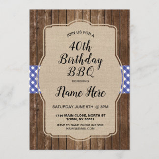 40. Geburtstag Party Blue Gingham Burlap GRILLEN I Einladung