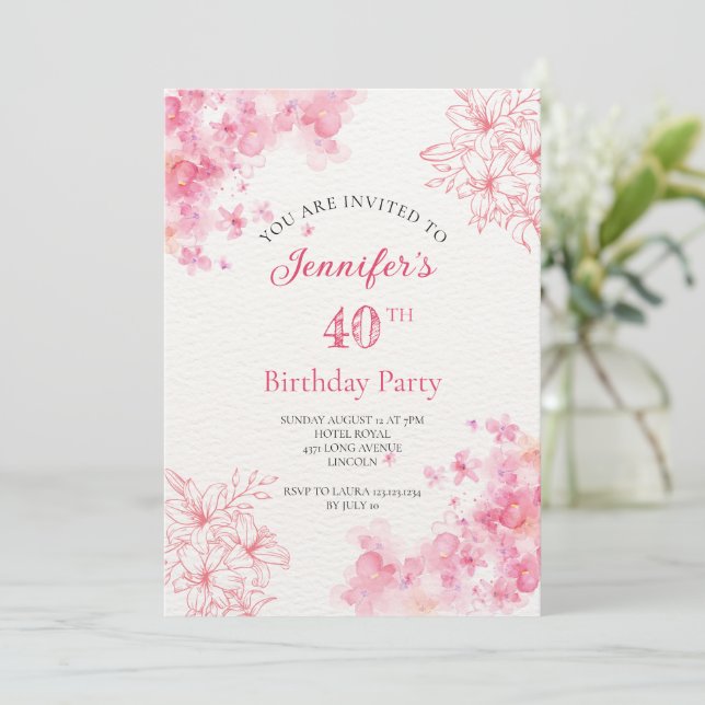 40. Geburtstag Party Blumenrosa Einladung (Stehend Vorderseite)