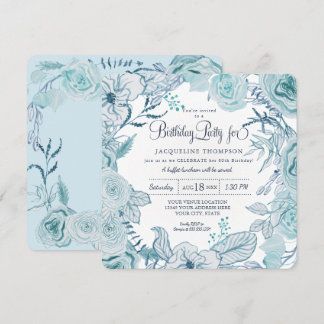40. Geburtstag Party Dusty Blue Watercolor Floral Einladung