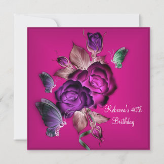 40. Geburtstag Party Elegant Lila Pink Roses 3 Einladung