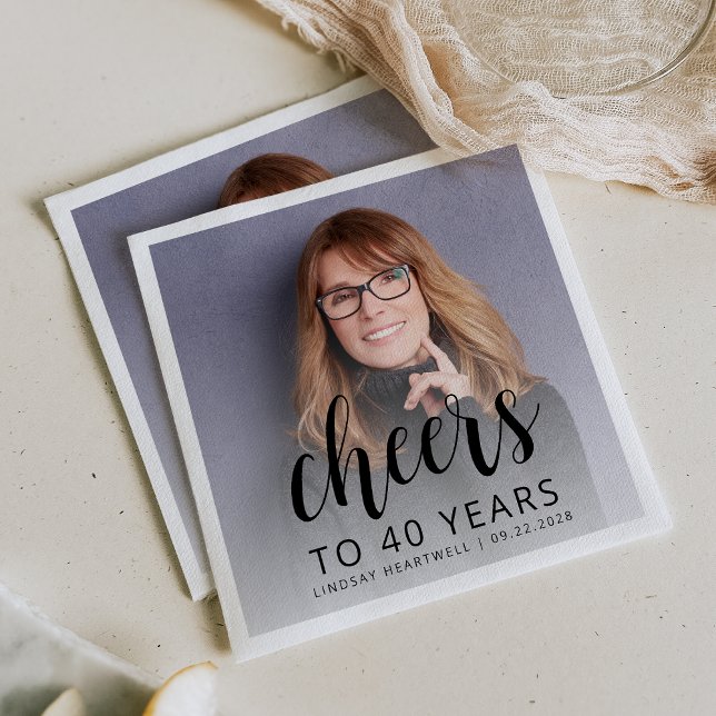 40. Geburtstag Party Foto Black Script Cheers Serviette (Von Creator hochgeladen)