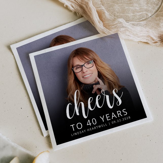 40. Geburtstag Party Foto White Script Cheers Serviette (Von Creator hochgeladen)