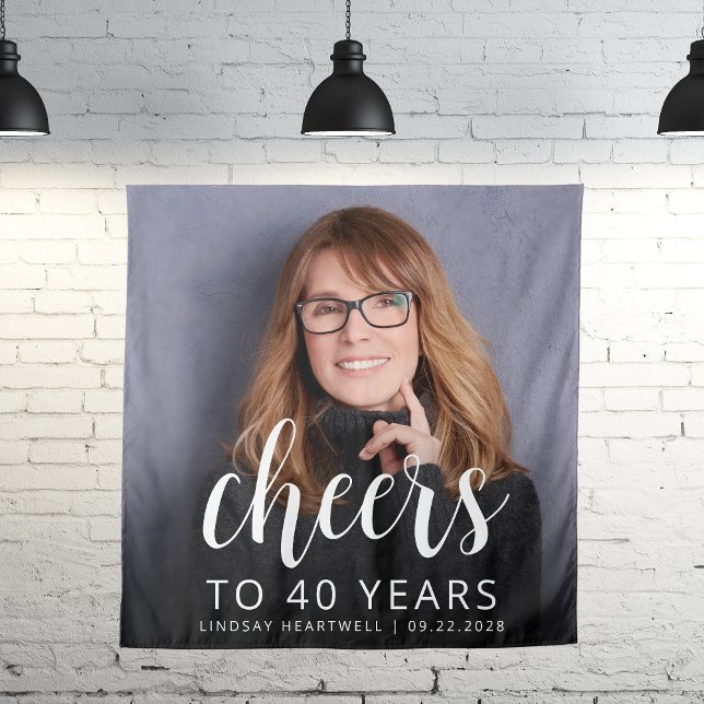 40. Geburtstag Party Foto White Script Cheers Wandteppich (Von Creator hochgeladen)