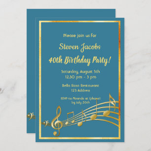 40. Geburtstag Party Gold Musiknoten aquamarin bla Einladung