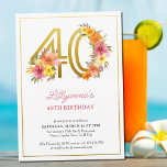 40. Geburtstag Party Hübsch Floral Gold Nummer 40 Einladung<br><div class="desc">40. Geburtstagsfeier Party Einladung mit Goldnummer 40 mit hübschen Blume dekoriert. Feminines und elegantes Design mit floralen Aquarellbildern in Rosa-Gelb-Orange und lila. Ideal für 40-jährige Geburtstagsfeiern,  Frühjahr- oder Sommergeburtsessen,  Gartentee-Party usw.</div>