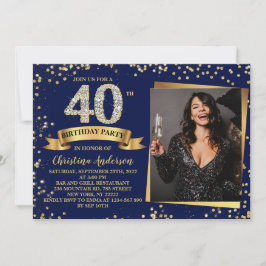 40. Geburtstag Party Navy Blue Gold Glitzer Einladung