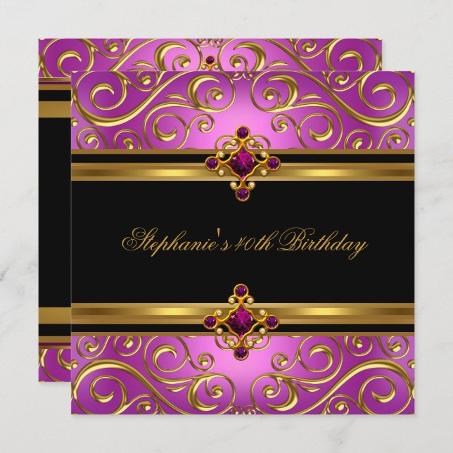 40. Geburtstag Party Rosa Schwarze Blüte Einladung (Vorne/Hinten)