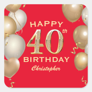 40. Geburtstag Party Rot und Gold Ballons Quadratischer Aufkleber