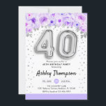 40. Geburtstag Party - Silberballons Lila Einladung<br><div class="desc">40. Party Einladung. Elegantes Design in Imitaten Glitzer Silber mit Blumenakzent. Einladende Karte mit Silbernummer 40 Ballons,  Script-Schriftart mit Konfetti. Pastel lila,  Lavendel und Weiß. Ideal für ein stilvolles 40-tägiges Fest. Nachricht,  wenn du ein Alter brauchst.</div>