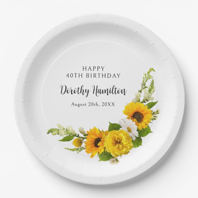 40. Geburtstag Party Sonnenblume Daisy Custom Pappteller (Vorderseite)