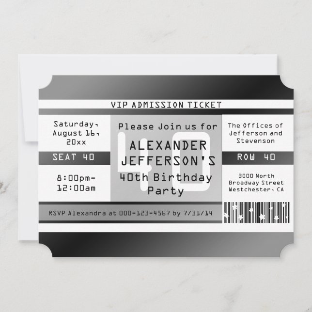 40. Geburtstag Party Ticket geformt Einladungen (Vorderseite)