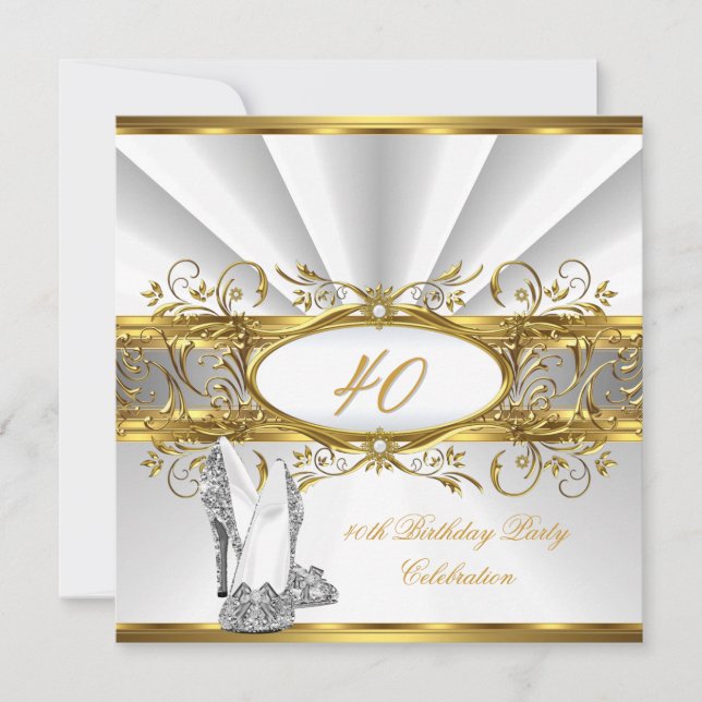 40. Geburtstag Party White Gold Silver Heels Einladung (Vorderseite)