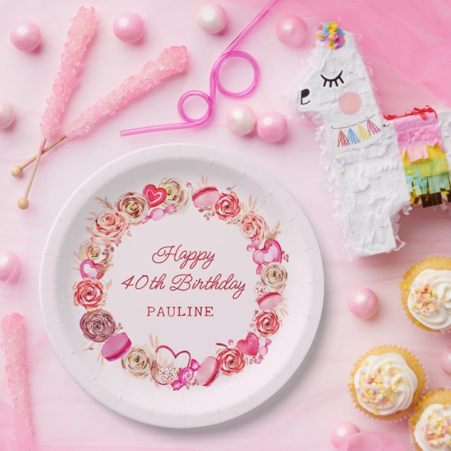 40. Geburtstag Pink Roses Wirbles Herz Pappteller (Party)