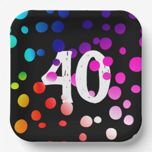 40. Geburtstag Rainbow Dots auf Black Pappteller