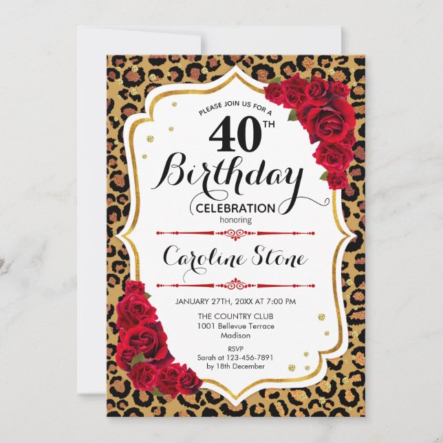 40. Geburtstag - Red Gold Leopard Print Einladung (Vorderseite)