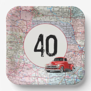 40. Geburtstag Red Retro Truck auf Roadmap Pappteller