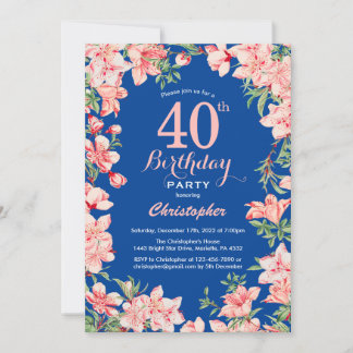 40. Geburtstag Rosa Blume Blau Einladung