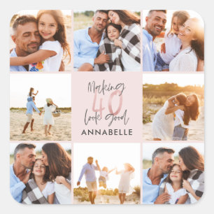 40. Geburtstag rosa Girly Glitzer Foto Collage Quadratischer Aufkleber