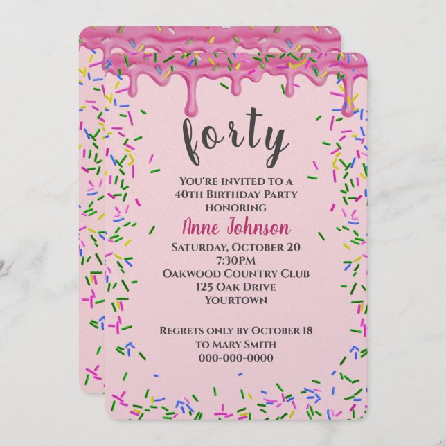 40. Geburtstag rosa Icing und Sprinklen Einladung (Vorne/Hinten)