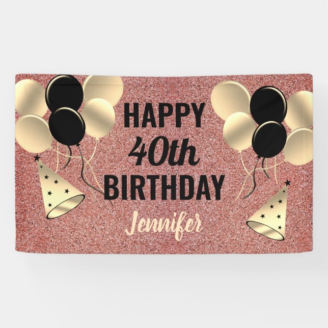 40. Geburtstag Rosa Rose Gold Glitzer Personalisie Banner (Horizontal)