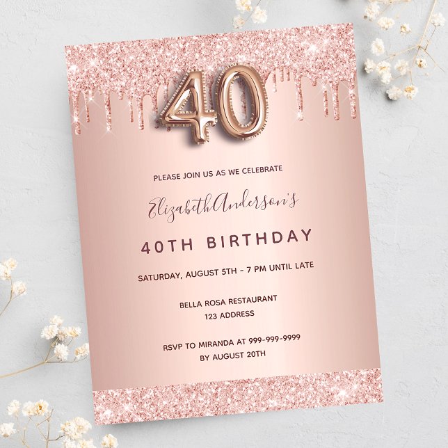 40. Geburtstag Rose Gold Rosa Tropfen Einladung Postkarte (Von Creator hochgeladen)
