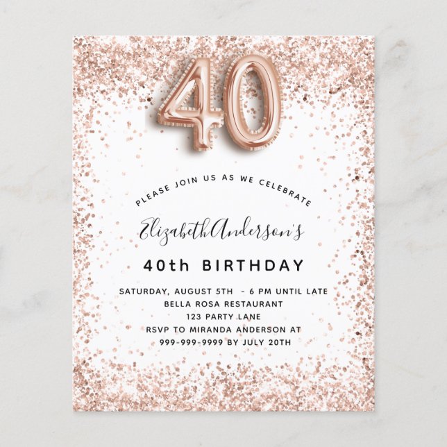 40. Geburtstag Rose Gold Weißes Budget Einladung Flyer (Vorne)