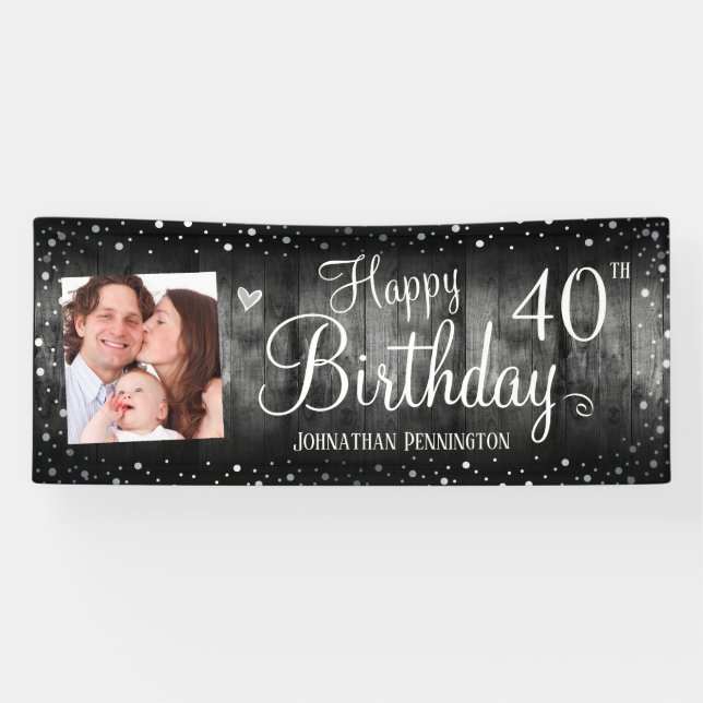 40. Geburtstag Rustikales Holz Foto Silver Confett Banner (Horizontal)