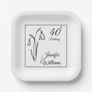 40. Geburtstag Schneeglöckchen Floral Schwarz und  Pappteller