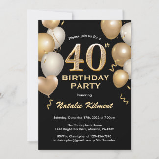 40. Geburtstag Schwarz und Gold Glitzer Ballons Einladung